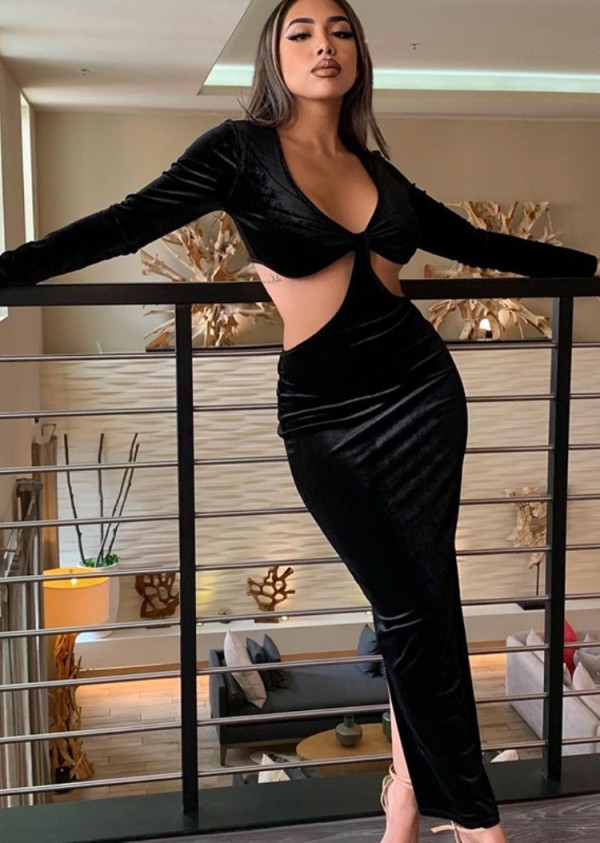 Spring Sexy Black Deep V Neck Cut Out Long Sleeve Slit Long Dress