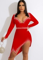 Spring Sexy Red V Neck Long Sleeve Irregual Mini Dress