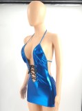 Summer Sexy Blue Pu Coating Sleeveless Backless Bandage Hollow Out Mini Dress