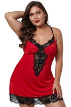 Summer Plus Size Red Straps V Neck With Sexy Lace Mini Dress Lingerie