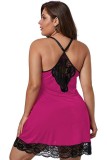 Summer Plus Size Pink Straps V Neck With Sexy Lace Mini Dress Lingerie