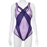 Summer Sexy Purple Mesh See Through Cut Out Sleeveless Bodysuit