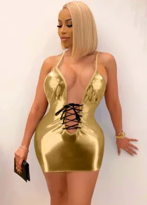 Summer Sexy Golden Pu Coating Sleeveless Backless Bandage Hollow Out Mini Dress