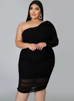 Spring Plus Size Sexy Black One Shoulder Long Sleeve Bodycon Dress