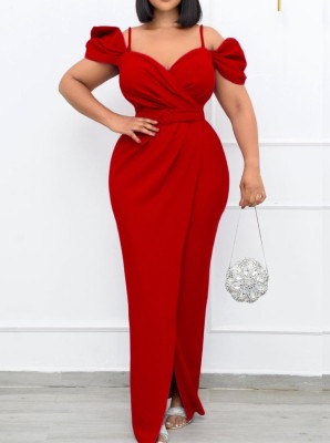 Summer Elegant Red Straps V Neck Short Sleeve Party Long Dress