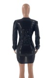Spring Sexy Black Deep V Neck Sequins Long Sleeve Bodycon Dress