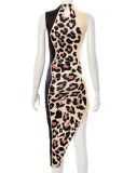 Spring Sexy Leopard Print Sleeveless Irregular Slit Midi Dress