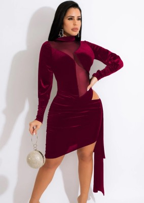 Spring Sexy Red Mesh See Through Long Sleeve Bandage Bodycon Dress