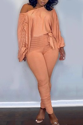 Spring Sexy Orange Stripe Backless With Belt Ruffles Long Sleeve Top And Pant Wholesale 2 Piece Sets