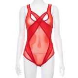 Summer Sexy Red Mesh See Through Cut Out Sleeveless Bodysuit