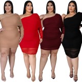 Spring Plus Size Sexy Wine One Shoulder Long Sleeve Bodycon Dress