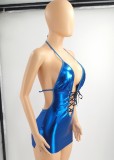 Summer Sexy Blue Pu Coating Sleeveless Backless Bandage Hollow Out Mini Dress