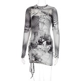 Spring Sexy Print Hollow Out Long Sleeve Draw String Mini Dress