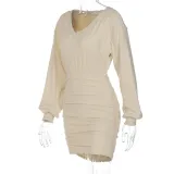 Spring Sexy Beige Rib V Neck Off Shoulder Long Sleeve Mini Dress