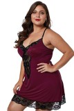 Summer Plus Size Red Straps V Neck With Sexy Lace Mini Dress Lingerie