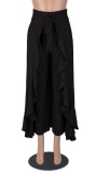 Spring Elegant Black High Waist With Belt Ruffles Skirt