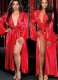 Spring Plus Size Sexy Red Lace Satin Long Sleeve Robe Long Dress Lingerie