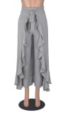 Spring Elegant Grey High Waist With Belt Ruffles Skirt