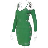 Spring Sexy Green Straps With Sleeve Hollow Out Mini Dress