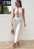 Women Summer White Party Sexy Hollow Out Sleeveless Mesh Bodycon Jumpsuit