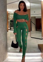 Women Spring Green Long Sleeve Crop Top and Hollow Pants Two Piece Set