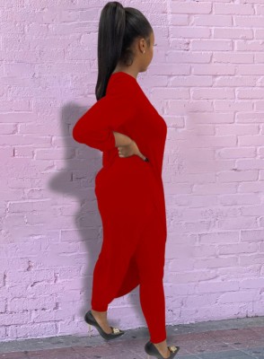 Women Spring Red Irregular Long Shirt and Tight Leggings Two Piece Set