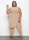 Women Summer Khaki Side Slit Long Shirt and Pants Plus Size Two Piece Set