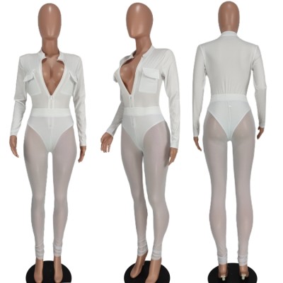 Women Spring White Party Sexy Zipper Bodysuit and Mesh Leggings Two Piece Set