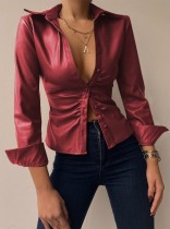 Women Spring Red Classic Long Sleeves Leather Blouse