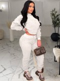 Women Spring White Fuzzy Top and Pants Two Piece Set