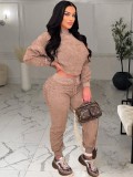 Women Spring Brown Fuzzy Top and Pants Two Piece Set