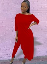 Women Spring Red Irregular Long Shirt and Tight Leggings Two Piece Set