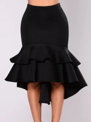 Women Spring Black High Low Mermaid High Waist Formal Skirt