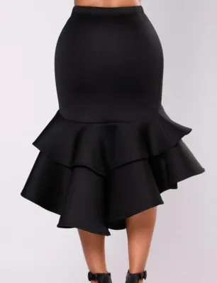 Women Spring Black High Low Mermaid High Waist Formal Skirt