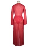 Women Spring Red Sparkly Deep-V Slit Wide Sleeves Long Evening Dress