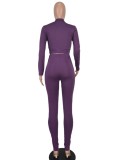 Women Spring Purple Tight Fitting Zipper Crop Top and Pants Two Piece Set