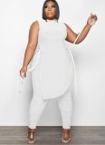 Women Summer White Side Slit Long Shirt and Pants Plus Size Two Piece Set