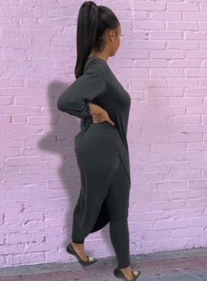 Women Spring Black Irregular Long Shirt and Tight Leggings Two Piece Set