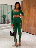 Women Spring Green Long Sleeve Crop Top and Hollow Pants Two Piece Set