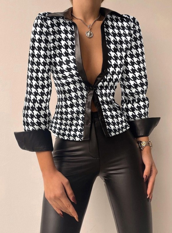Women Spring Print Classic Long Sleeves Leather Blouse