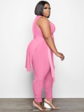 Women Summer Pink Side Slit Long Shirt and Pants Plus Size Two Piece Set