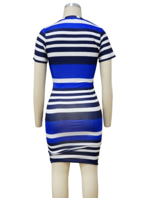 Women Summer Blue Striped O-Neck Casual Dress