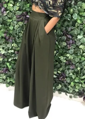 Women Summer Green Wide Legges High Waist Casual Trousers