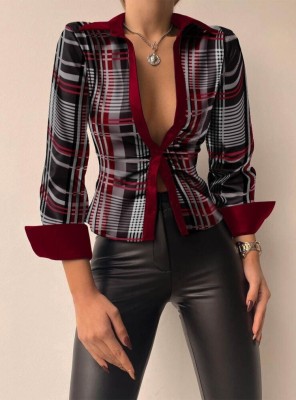 Women Spring Print Classic Long Sleeves Leather Blouse