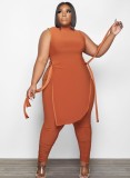 Women Summer Orange Side Slit Long Shirt and Pants Plus Size Two Piece Set