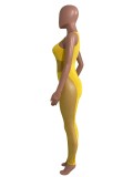 Women Summer Yellow Party Sexy Hollow Out Sleeveless Mesh Bodycon Jumpsuit