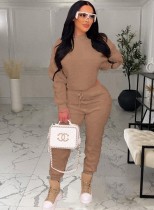 Women Spring Brown Fuzzy Top and Pants Two Piece Set