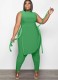 Women Summer Green Side Slit Long Shirt and Pants Plus Size Two Piece Set