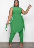 Women Summer Green Side Slit Long Shirt and Pants Plus Size Two Piece Set