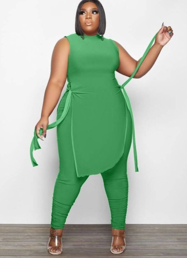 Women Summer Green Side Slit Long Shirt and Pants Plus Size Two Piece Set